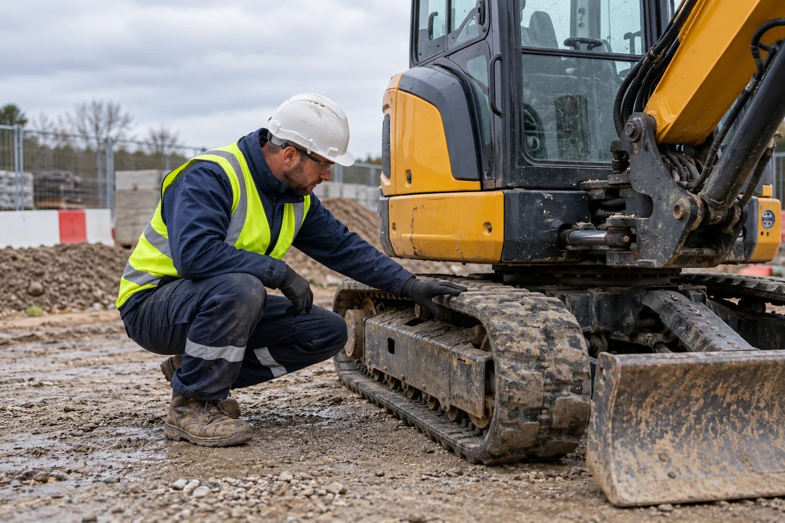 A plant operator checking a stationary excavator before use