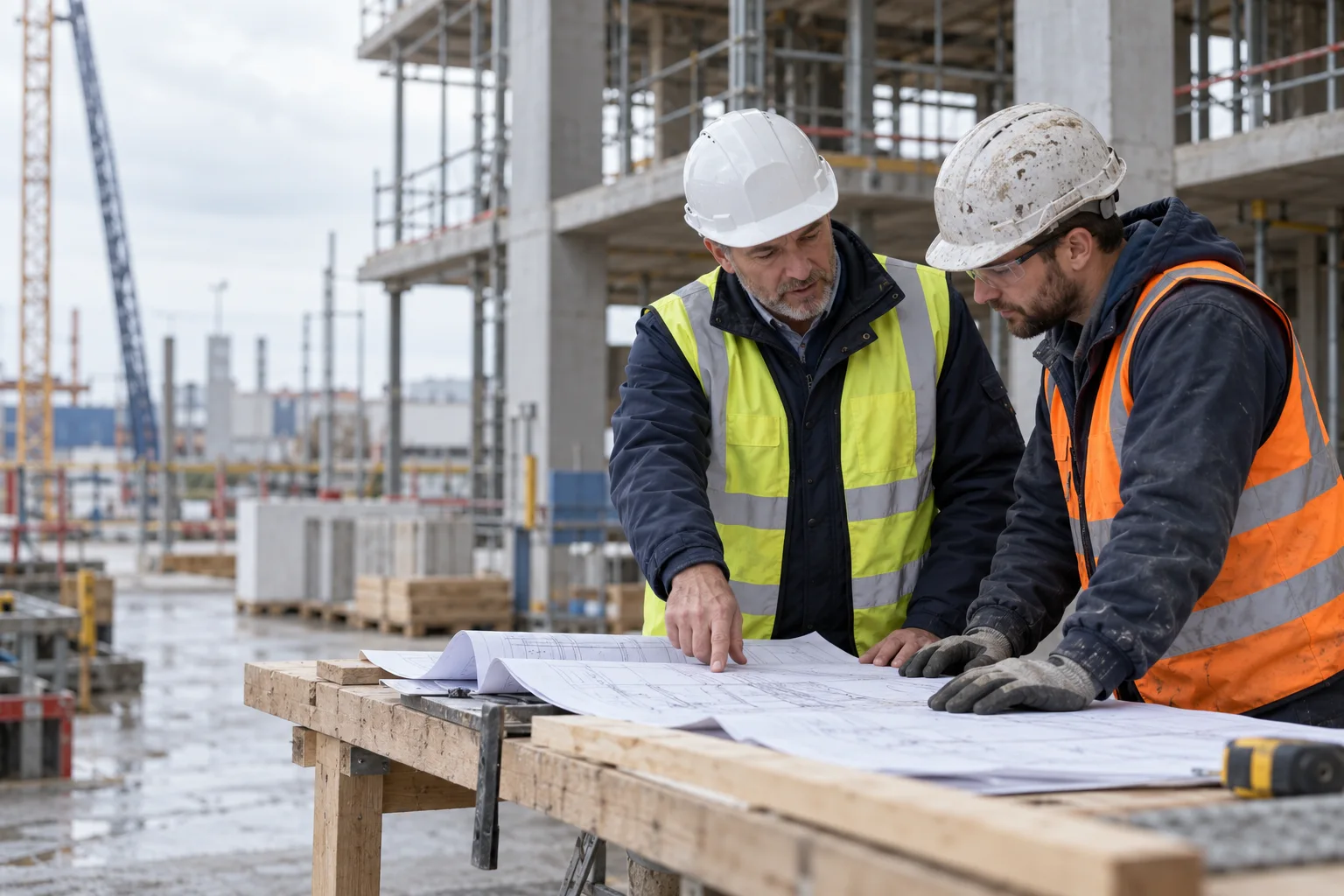 Two construction supervisors reviewing site drawings at a workbench